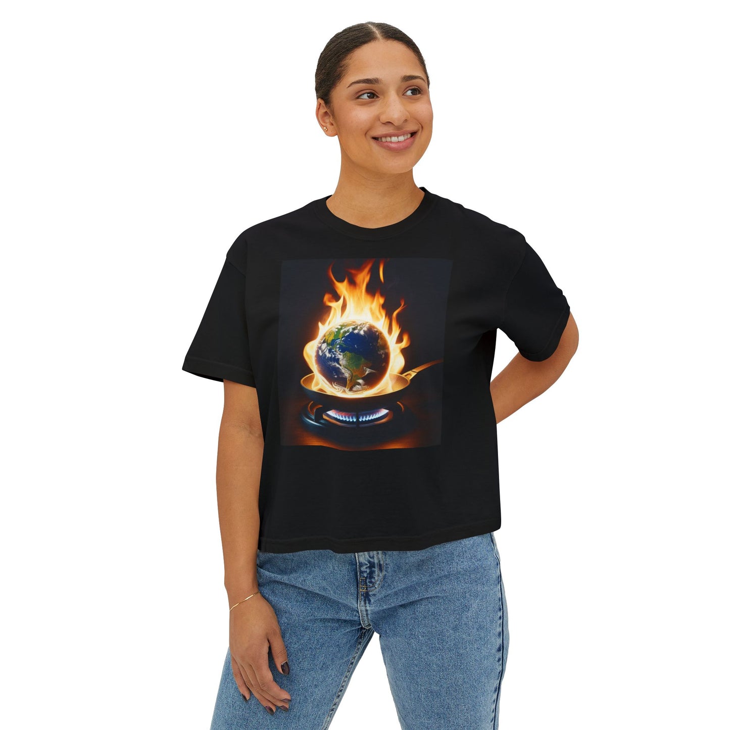 Women’s Global warming Boxy Tee - Earth on Fire Graphic Tee, Casual Top, Eco-Friendly Fashion, Earth Day Gift, Statement Shirt, Everyday Wear