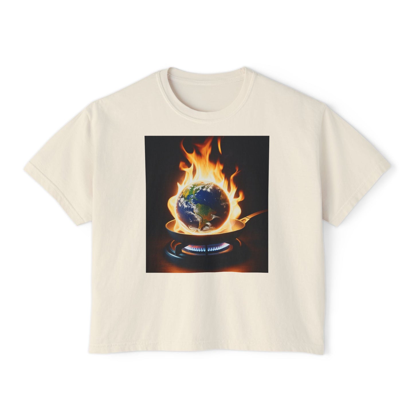 Women’s Global warming Boxy Tee - Earth on Fire Graphic Tee, Casual Top, Eco-Friendly Fashion, Earth Day Gift, Statement Shirt, Everyday Wear