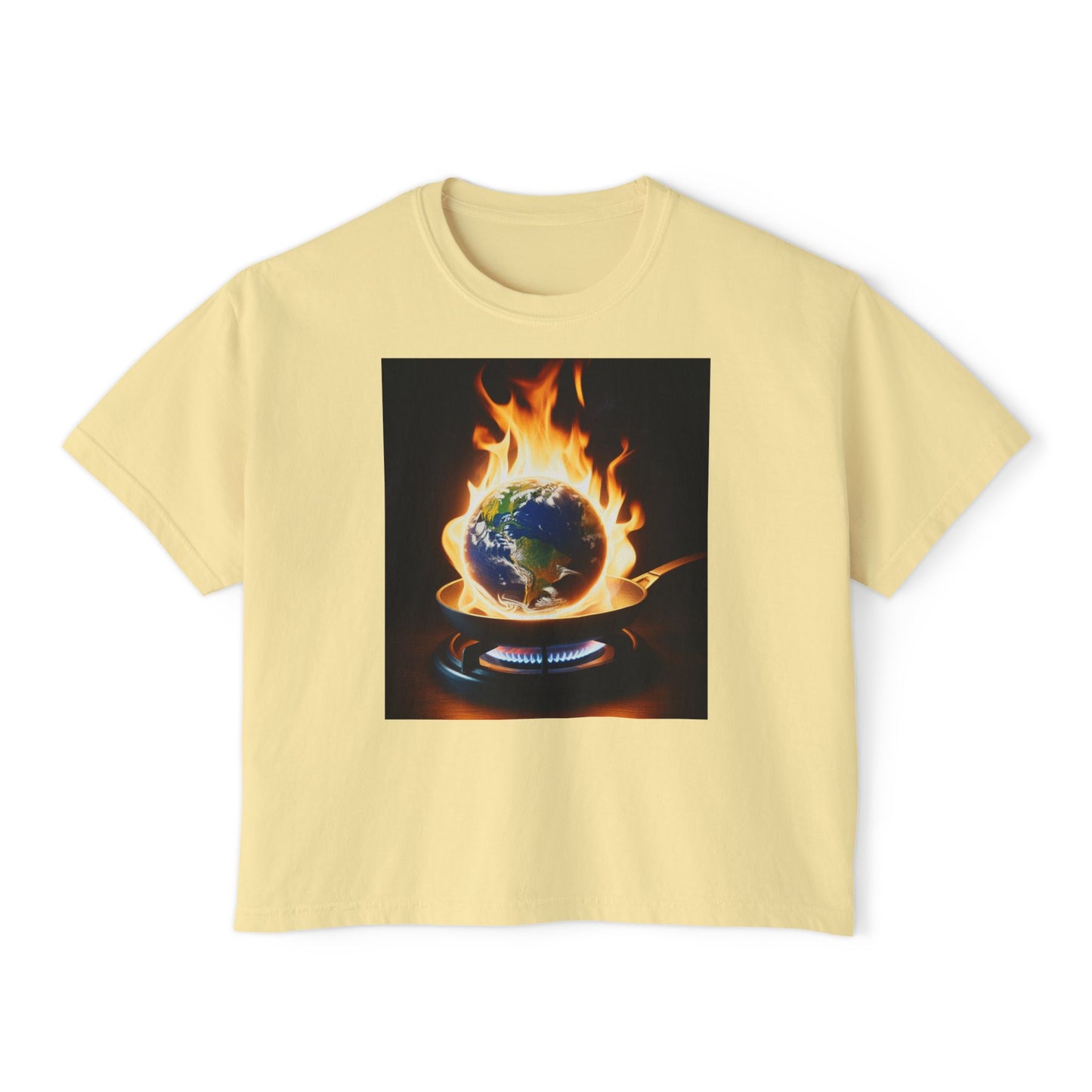 Women’s Global warming Boxy Tee - Earth on Fire Graphic Tee, Casual Top, Eco-Friendly Fashion, Earth Day Gift, Statement Shirt, Everyday Wear