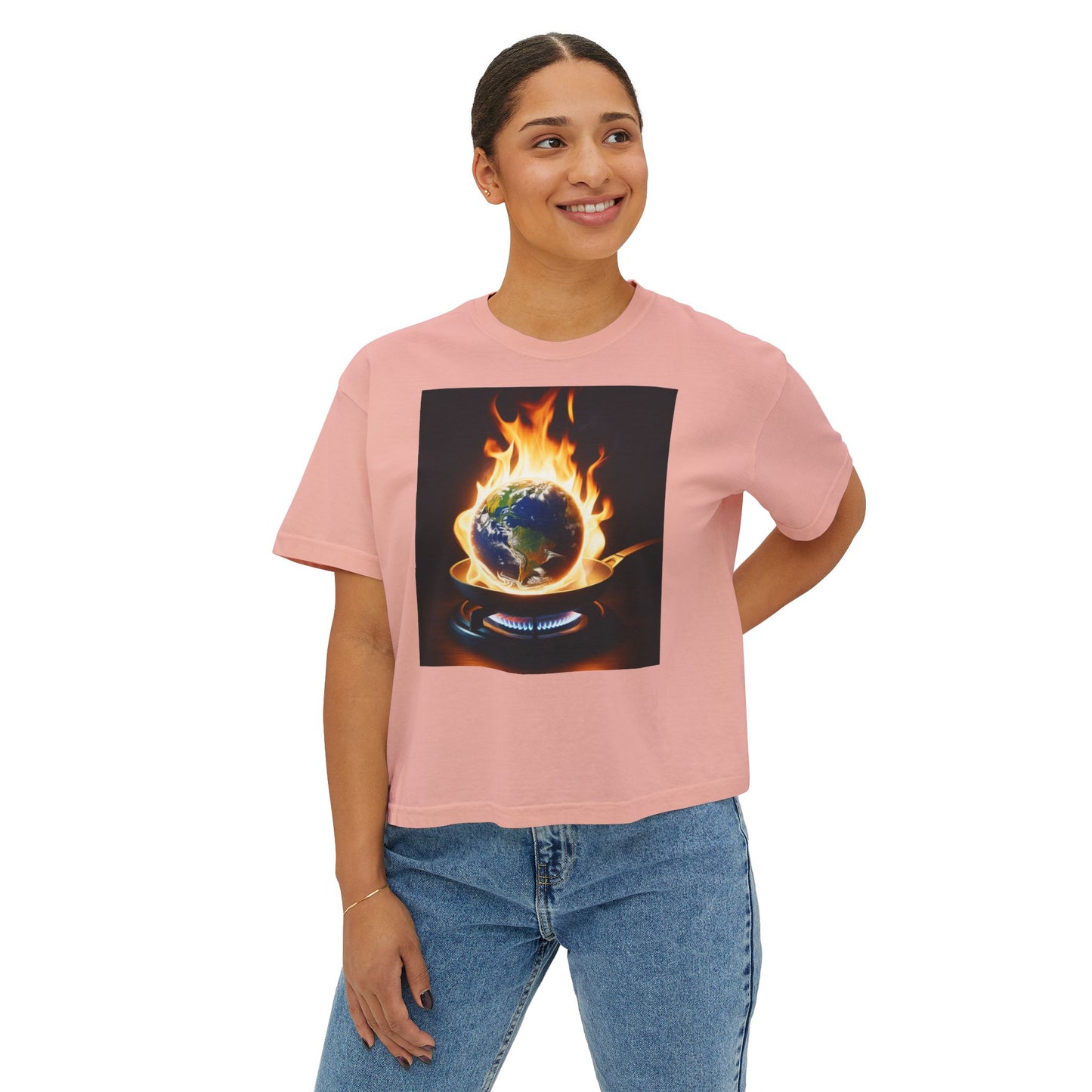 Women’s Global warming Boxy Tee - Earth on Fire Graphic Tee, Casual Top, Eco-Friendly Fashion, Earth Day Gift, Statement Shirt, Everyday Wear