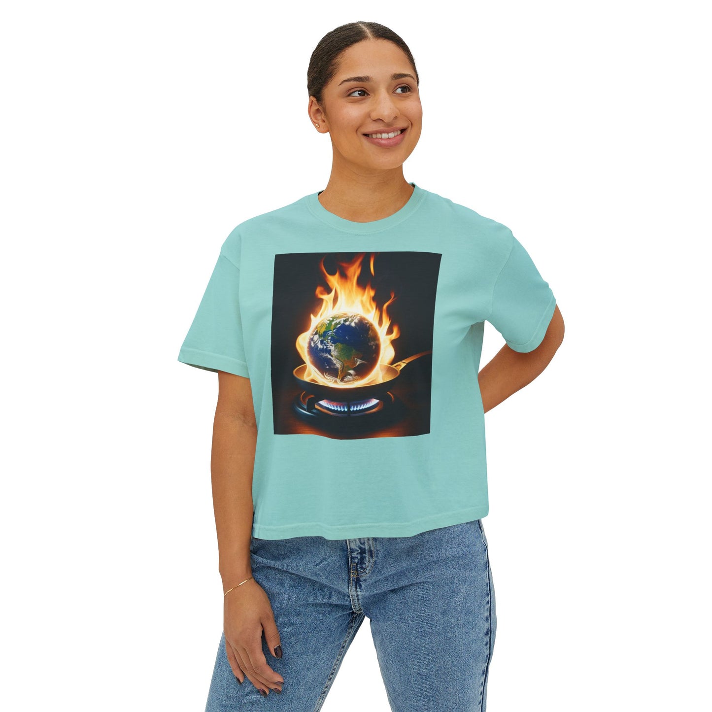 Women’s Global warming Boxy Tee - Earth on Fire Graphic Tee, Casual Top, Eco-Friendly Fashion, Earth Day Gift, Statement Shirt, Everyday Wear
