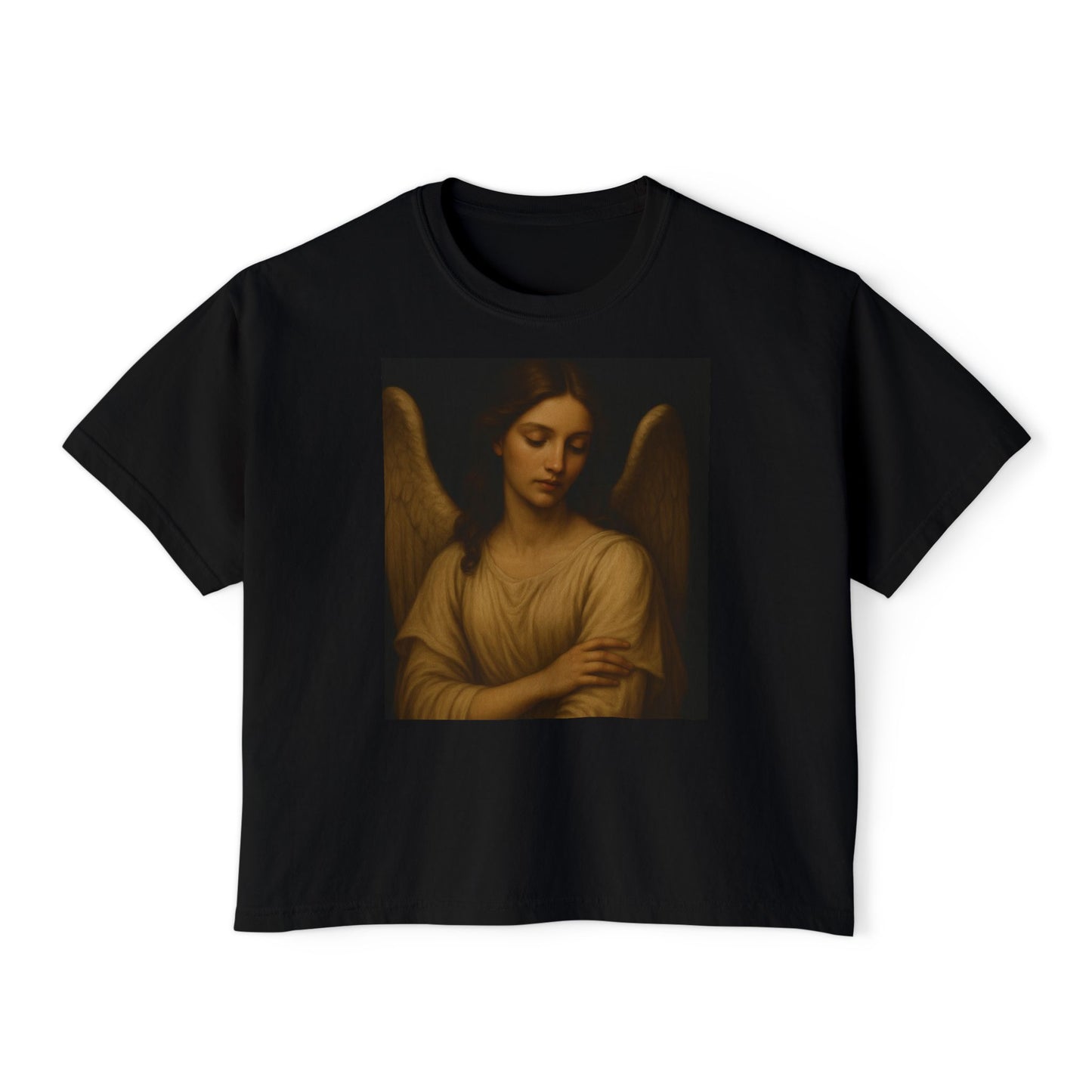 Angel in the dark-Women's Boxy Tee, Relaxed Fit T-Shirt, Spiritual Artwork Shirt, Casual Layering Top, Gift for Her, Everyday Wear