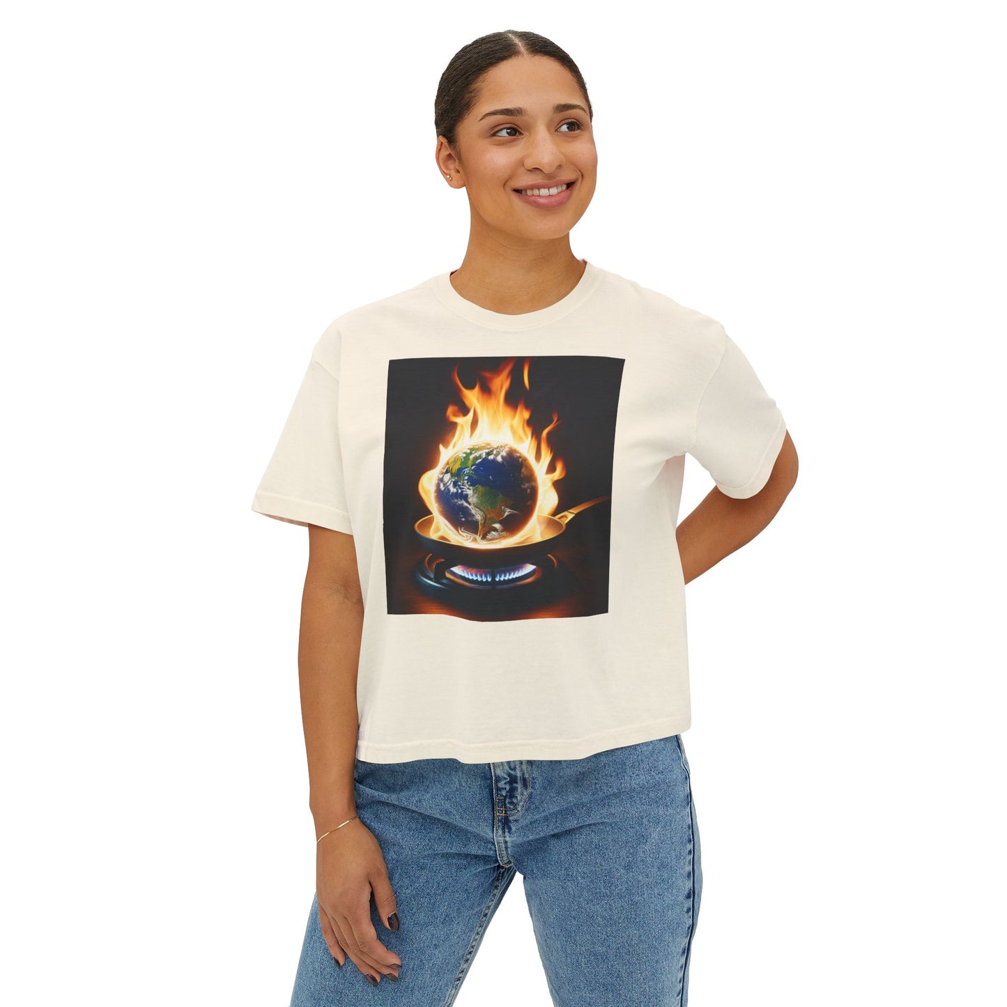 Women’s Global warming Boxy Tee - Earth on Fire Graphic Tee, Casual Top, Eco-Friendly Fashion, Earth Day Gift, Statement Shirt, Everyday Wear