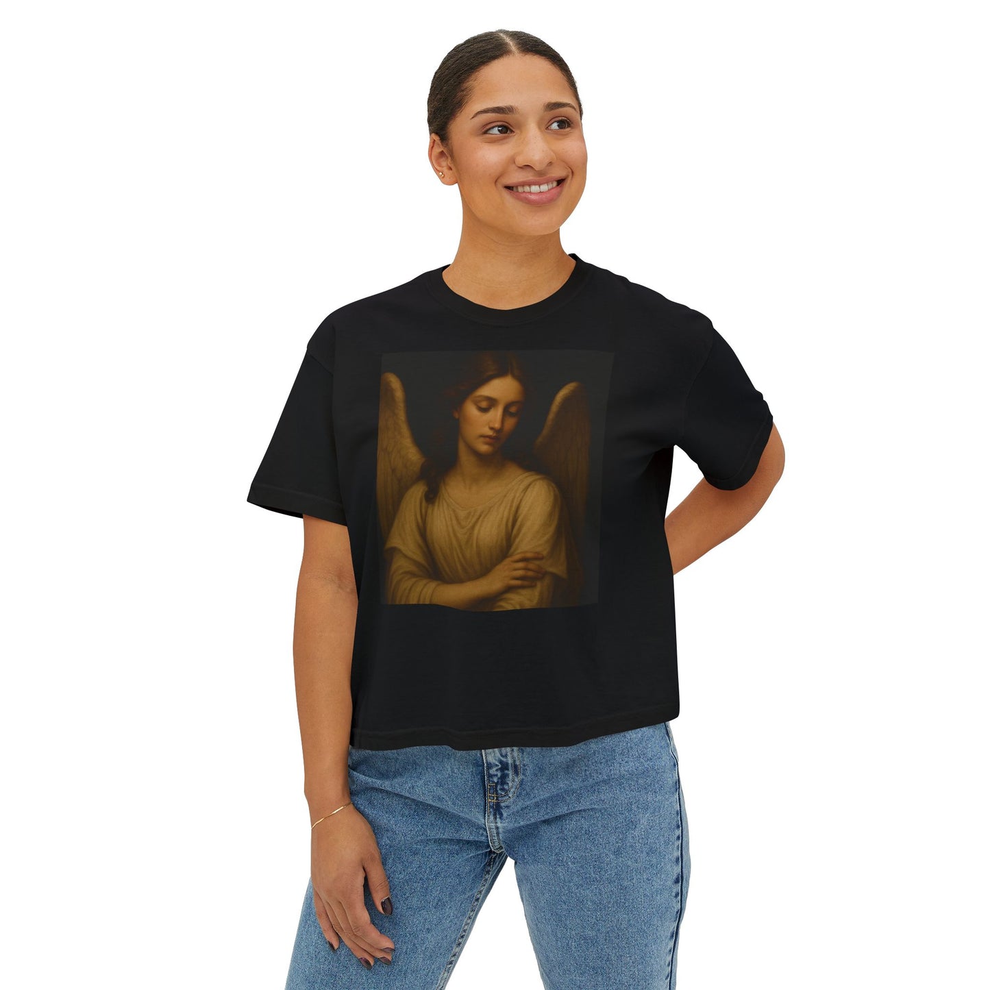 Angel in the dark-Women's Boxy Tee, Relaxed Fit T-Shirt, Spiritual Artwork Shirt, Casual Layering Top, Gift for Her, Everyday Wear