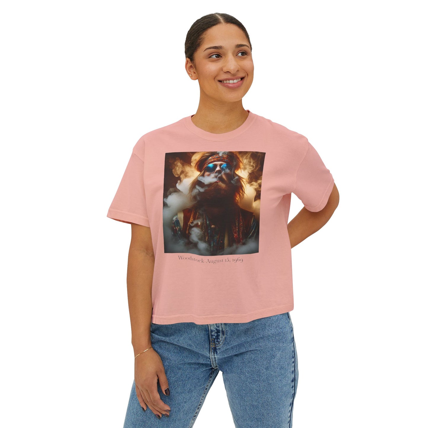 Women's Woodstock-Boxy Tee, Psychedelic Graphic Tee, Casual Summer Shirt, Boho Style Top, Festival Clothing