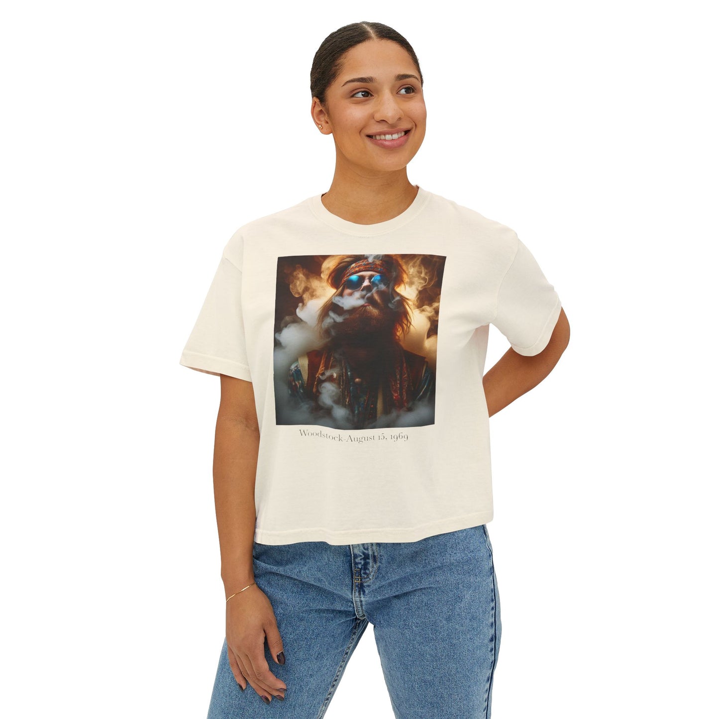Women's Woodstock-Boxy Tee, Psychedelic Graphic Tee, Casual Summer Shirt, Boho Style Top, Festival Clothing