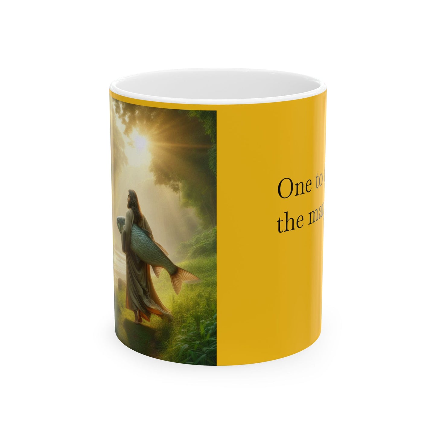 "One to feed the many " Jesus coffee Mug with Inspirational Quote - Perfect for Coffee Lovers, Gift, Kitchen Decor, Nature Enthusiasts