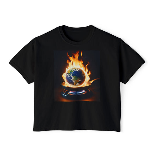 Women’s Global warming Boxy Tee - Earth on Fire Graphic Tee, Casual Top, Eco-Friendly Fashion, Earth Day Gift, Statement Shirt, Everyday Wear